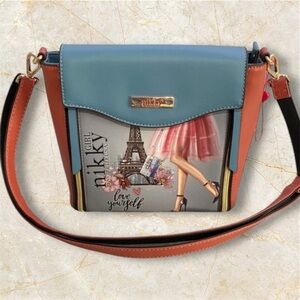 Stylish Blue and Orange Crossbody Bag with Artistic Design